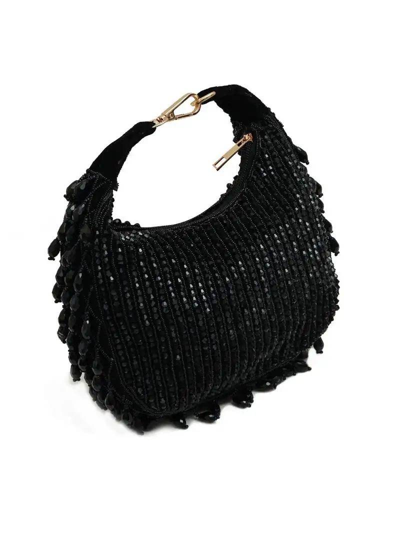 Black suede beads embroidered hand bag