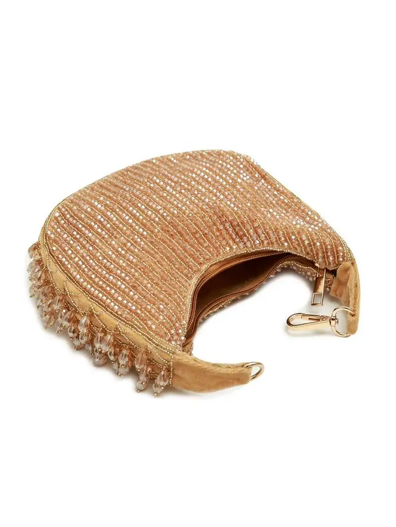 Gold suede beads embroidered hand bag