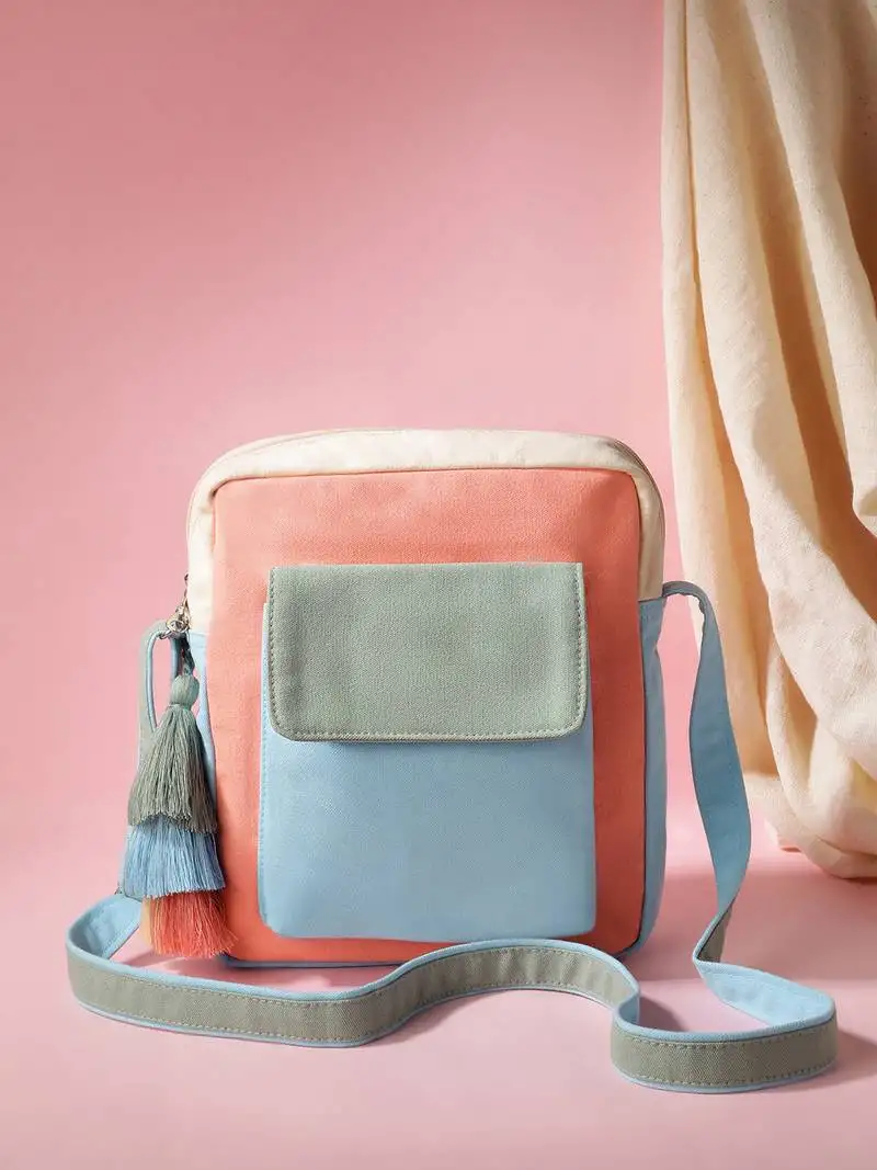 Hue blue & pastel multi cotton canvas colourblocked sling bag
