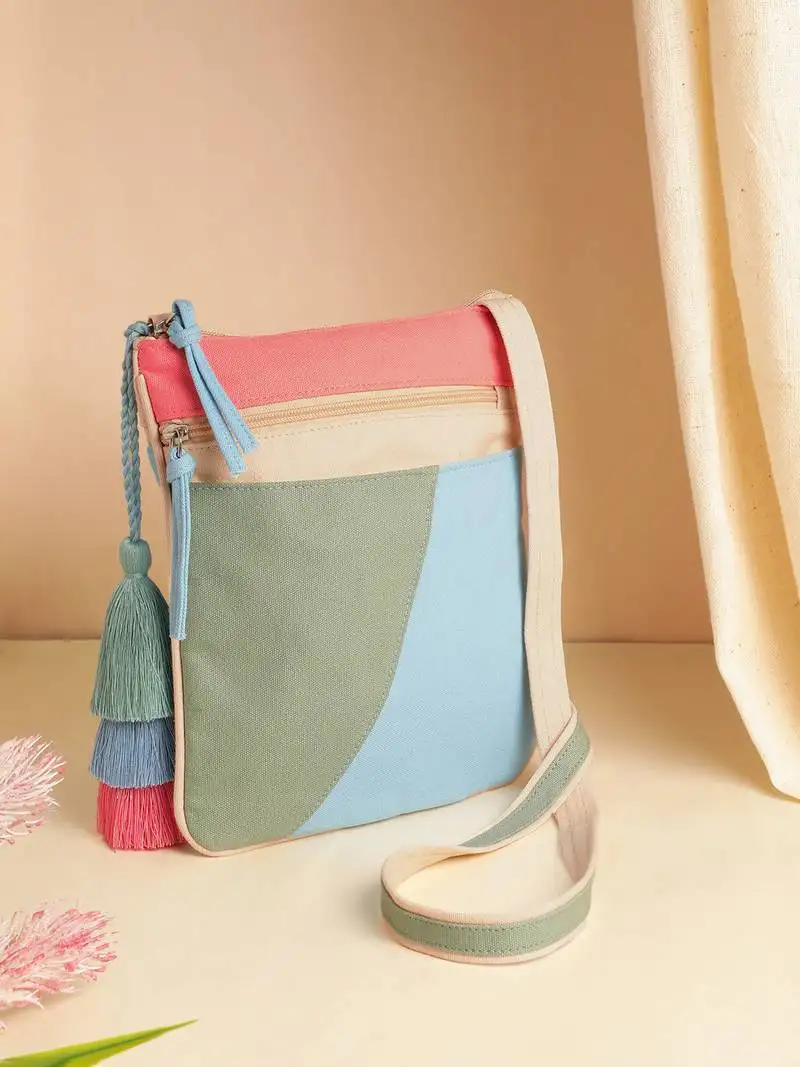 Hue aqua blue & pastel multi cotton canvas colourblocked sling bag