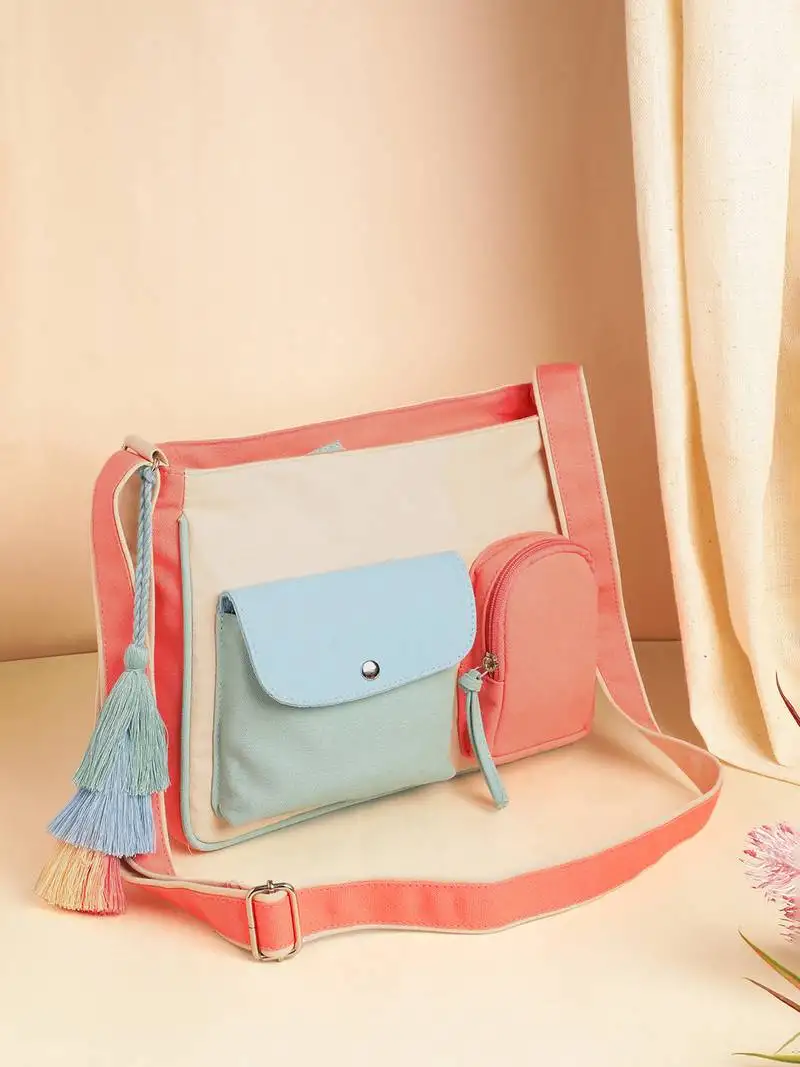 Hue cream & pastel multi cotton canvas colourblocked sling bag