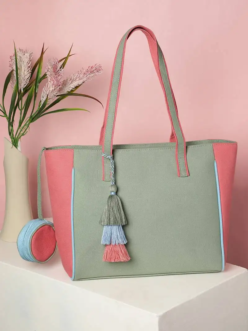 Hue sage green & pastel multi cotton canvas colourblocked tote bag