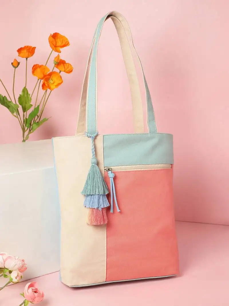 Hue coral & pastel multi cotton canvas colourblocked shoulder bag