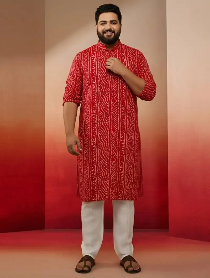 Men's red bandhani print kurta with cream pyjama - festive ethnic set