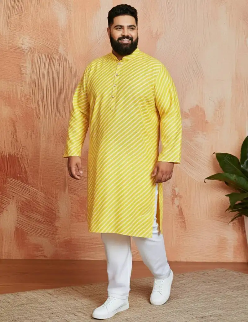 Men's yellow printed kurta with cream pyjama - casual festive set