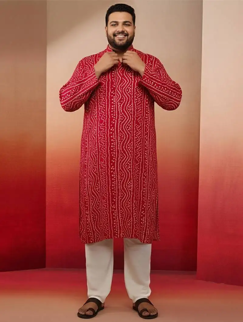 Men's pink bandhani print kurta with cream pyjama - festive ethnic set