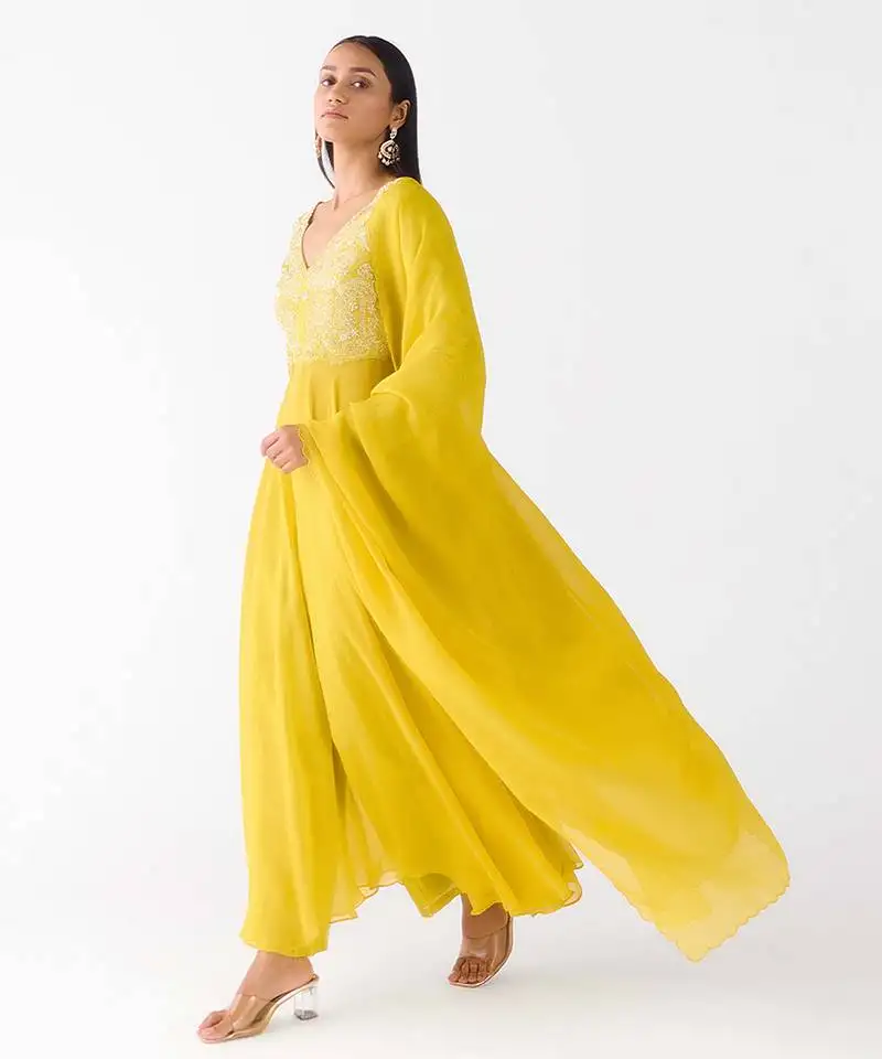 Mustard embroidered raw silk anarkali