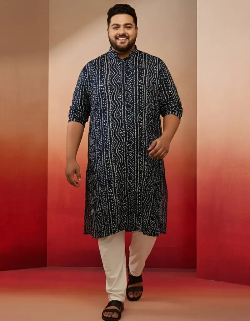 Men's blue bandhani print kurta with cream pyjama - traditional ethnic set