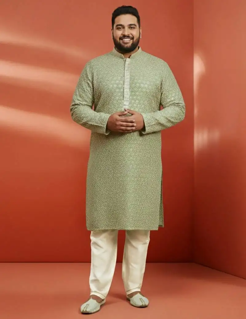 Men's pista green sequin kurta with cream trousers - embroidered festive set