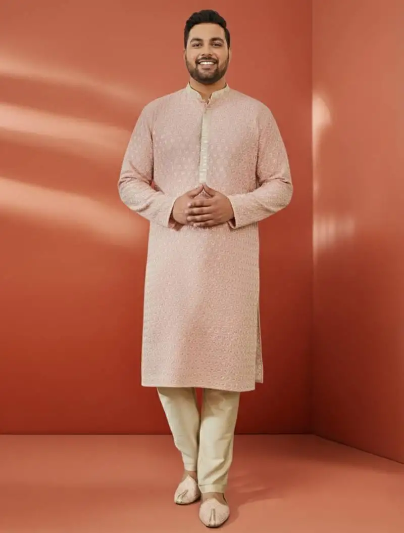 Men's peach sequin embroidered kurta with cream pant - wedding set