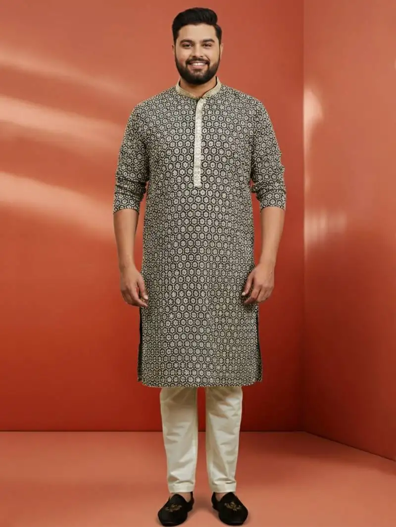 Men's black sequin kurta with cream trousers - embroidered festive set