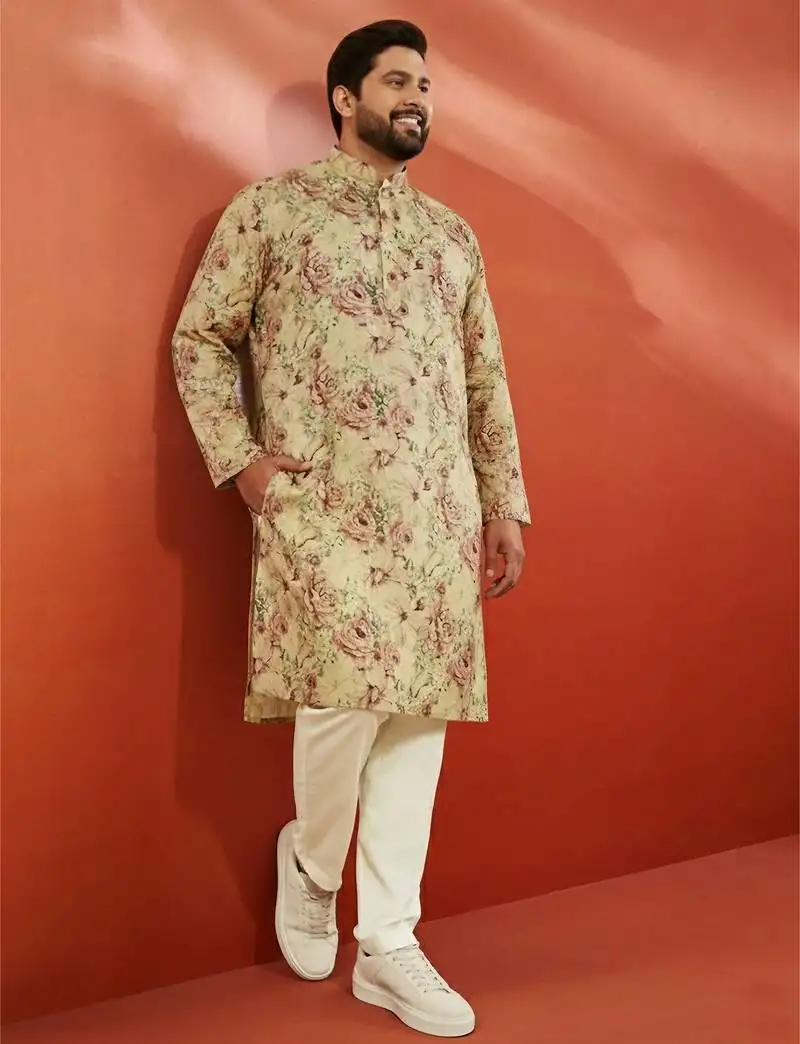 Men's beige printed kurta with cream pyjama - floral festive set