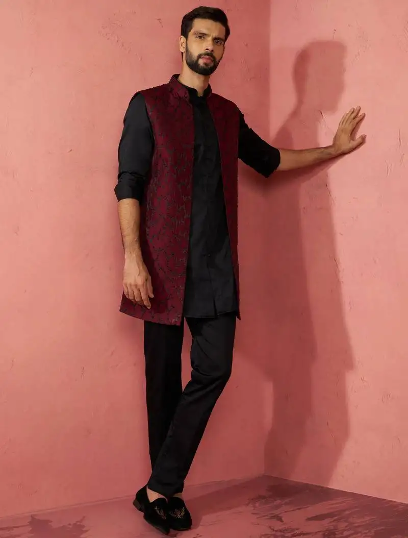 Men's wine silk nehru jacket kurta set - traditional festive wear