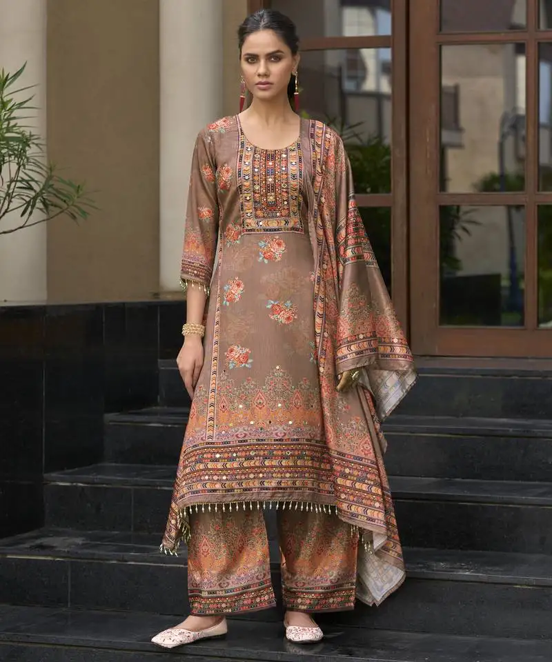 Brown chinon chiffon floral printed a-line kurta with palazzo & printed dupatta stitched