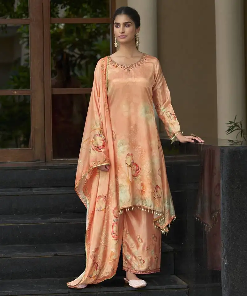 Peach chinon chiffon floral printed a-line kurta with palazzo & printed dupatta stitched