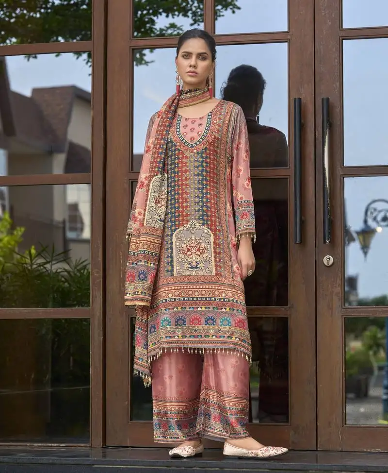 Pink chinon chiffon floral printed a-line kurta with palazzo & printed dupatta stitched
