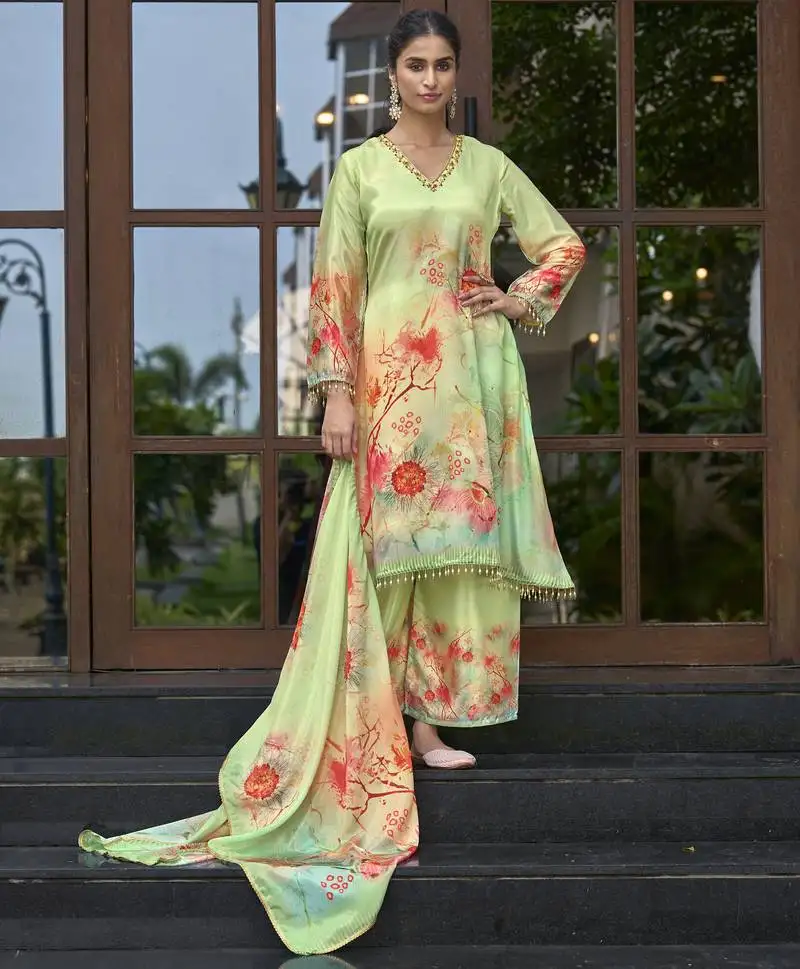 Green chinon chiffon floral printed a-line kurta with palazzo & printed dupatta stitched