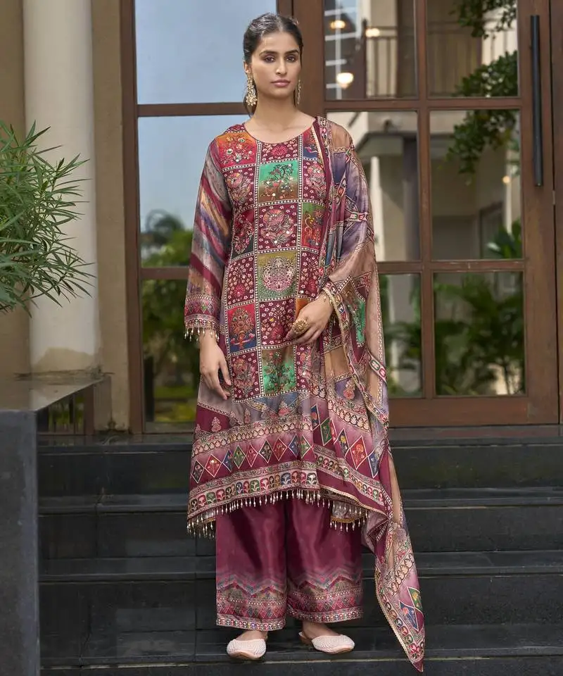 Maroon chinon chiffon floral printed a-line kurta with palazzo & printed dupatta stitched