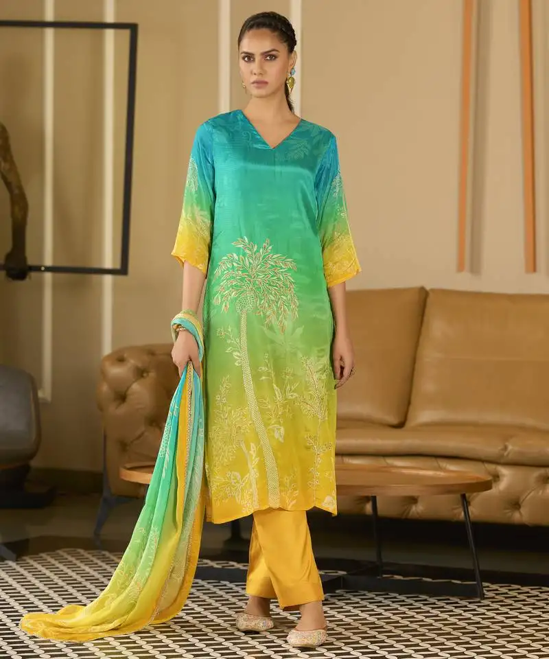 Sea green pure chinon chiffon floral printed straight kurta with comfort fitting pant & printed dupatta stitched