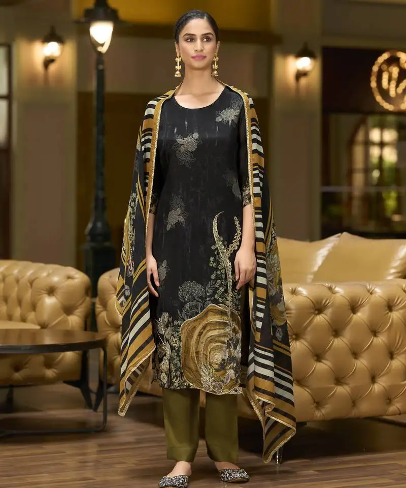 Black pure chinon chiffon floral printed straight kurta with comfort fitting pant & printed dupatta stitched