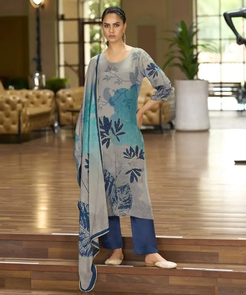 Grey pure chinon chiffon floral printed straight kurta with comfort fitting pant & printed dupatta stitched