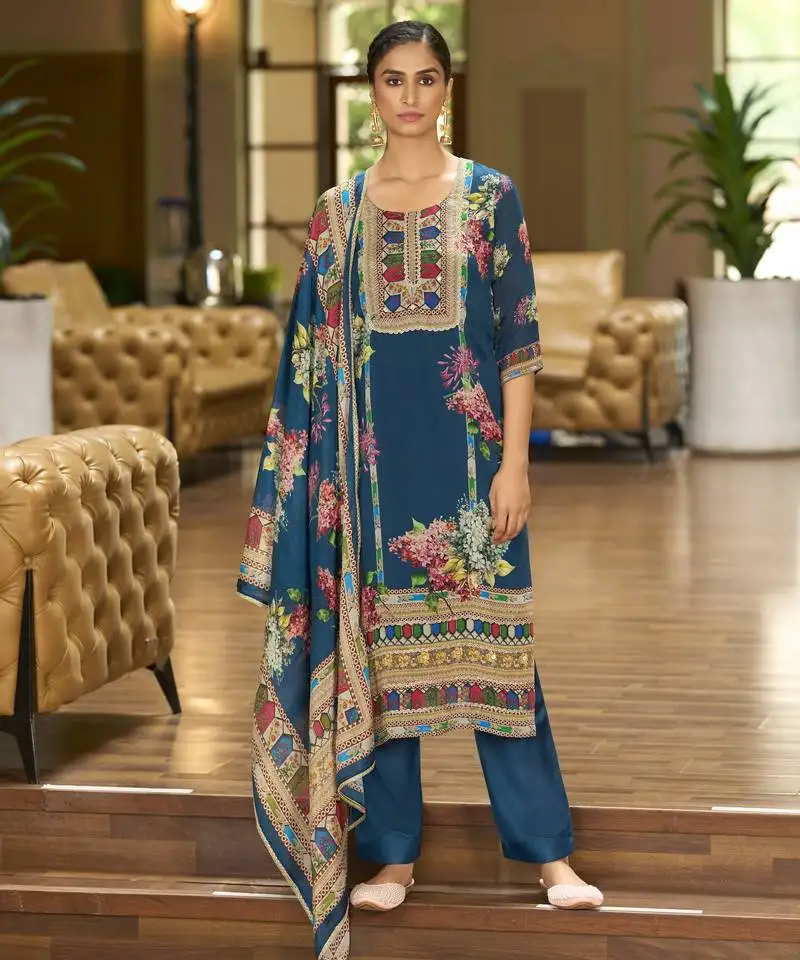 Teal blue pure chinon chiffon floral printed straight kurta with comfort fitting pant & printed dupatta stitched