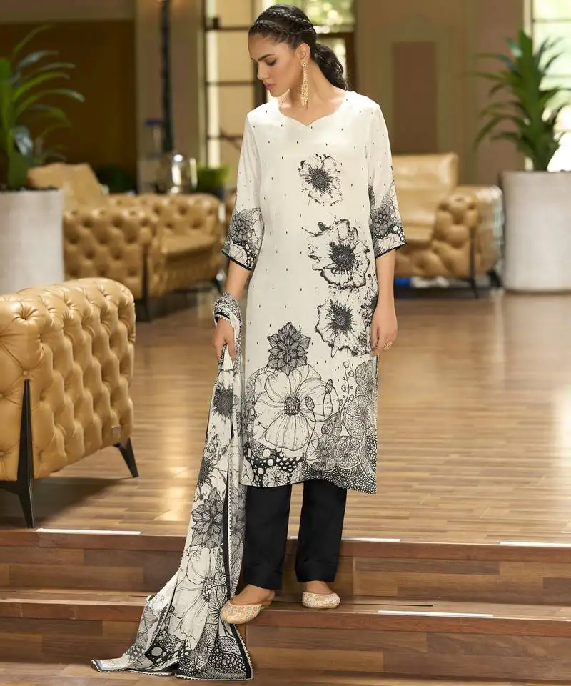 White pure chinon chiffon floral printed straight kurta with comfort fitting pant & printed dupatta stitched