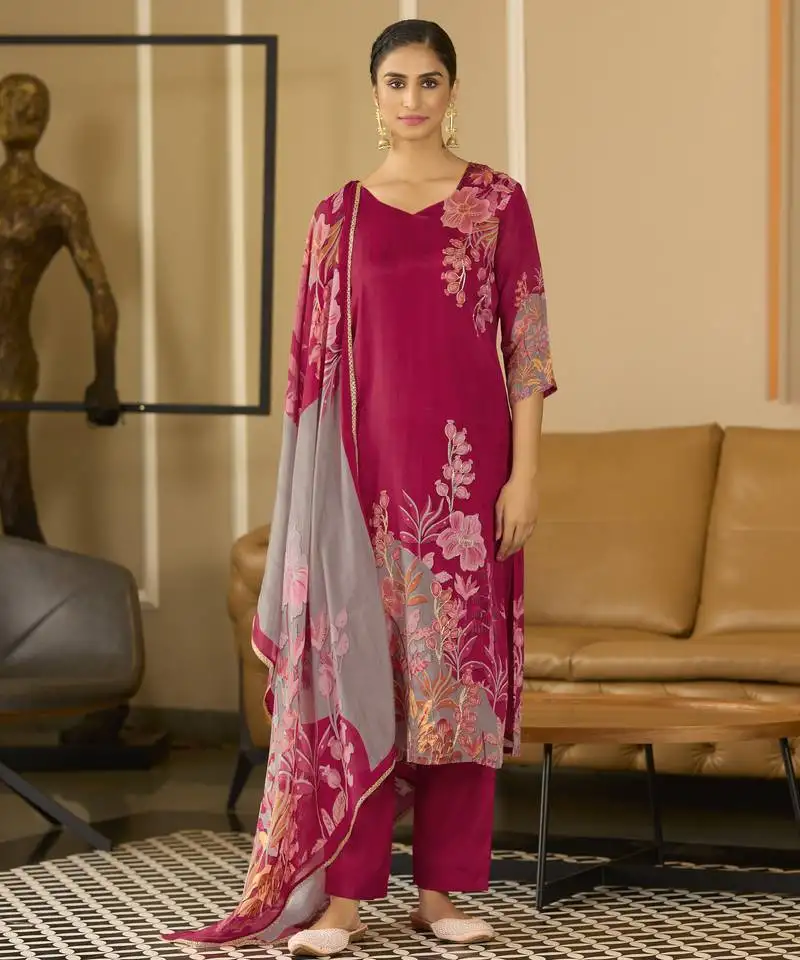 Magenta pure chinon chiffon floral printed straight kurta with comfort fitting pant & printed dupatta stitched