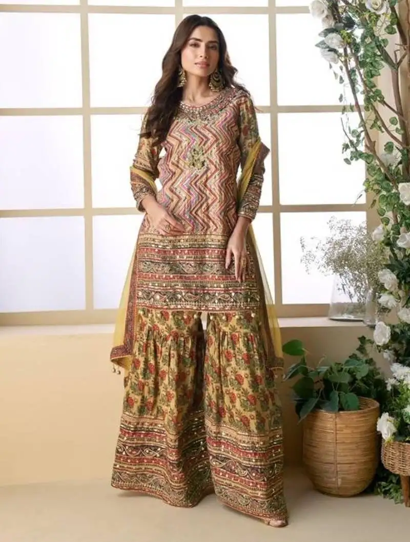 Yellow heavy crepe silk sharara suit stitched