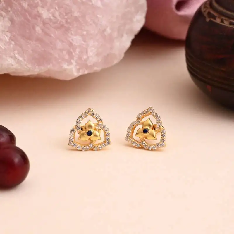 Blue color 925 gold plated silver stud earrings