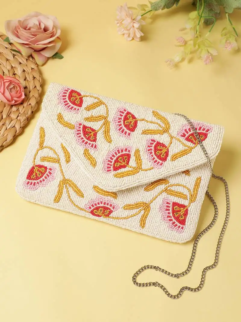 Anekaant beaded botanica ivory & multi floral vine beaded canvas sling bag