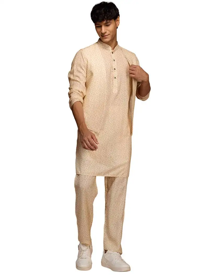 Men peach yellow cotton linen 3-piece set - premium digital print contrast summer wear