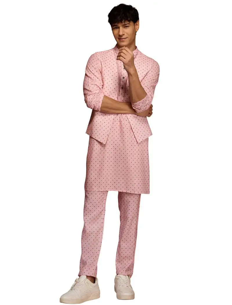 Men peach cotton linen 3-piece nehru set - premium digital print summer casual wear