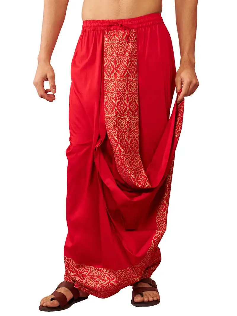 Mens red viscose dhoti traditional border print - navratri ethnic wear