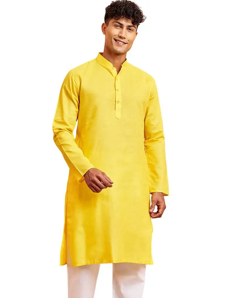 Men yellow cotton kurta - wedding casual summer wear long kurta with button closure