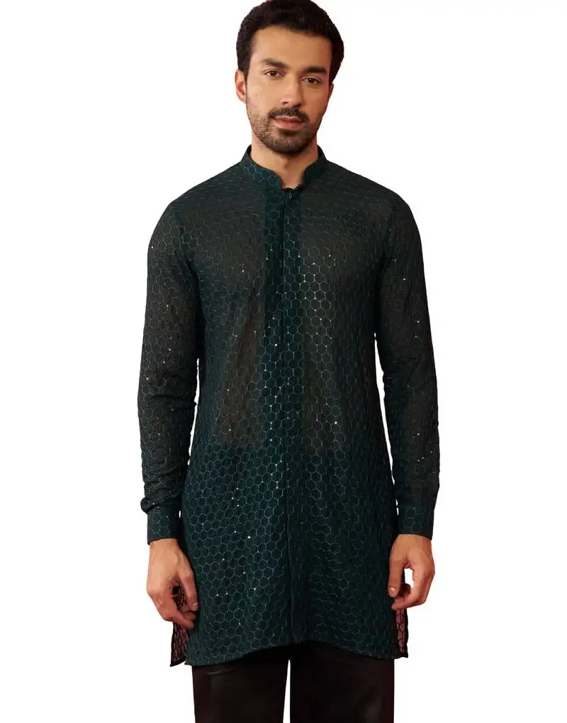 Men bottle green georgette mid kurta - premium honey comb embroidery party wear