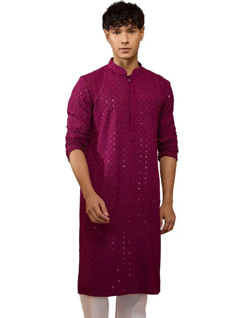 Men's wine sequin embroidered long kurta - rayon shifli work festive wear