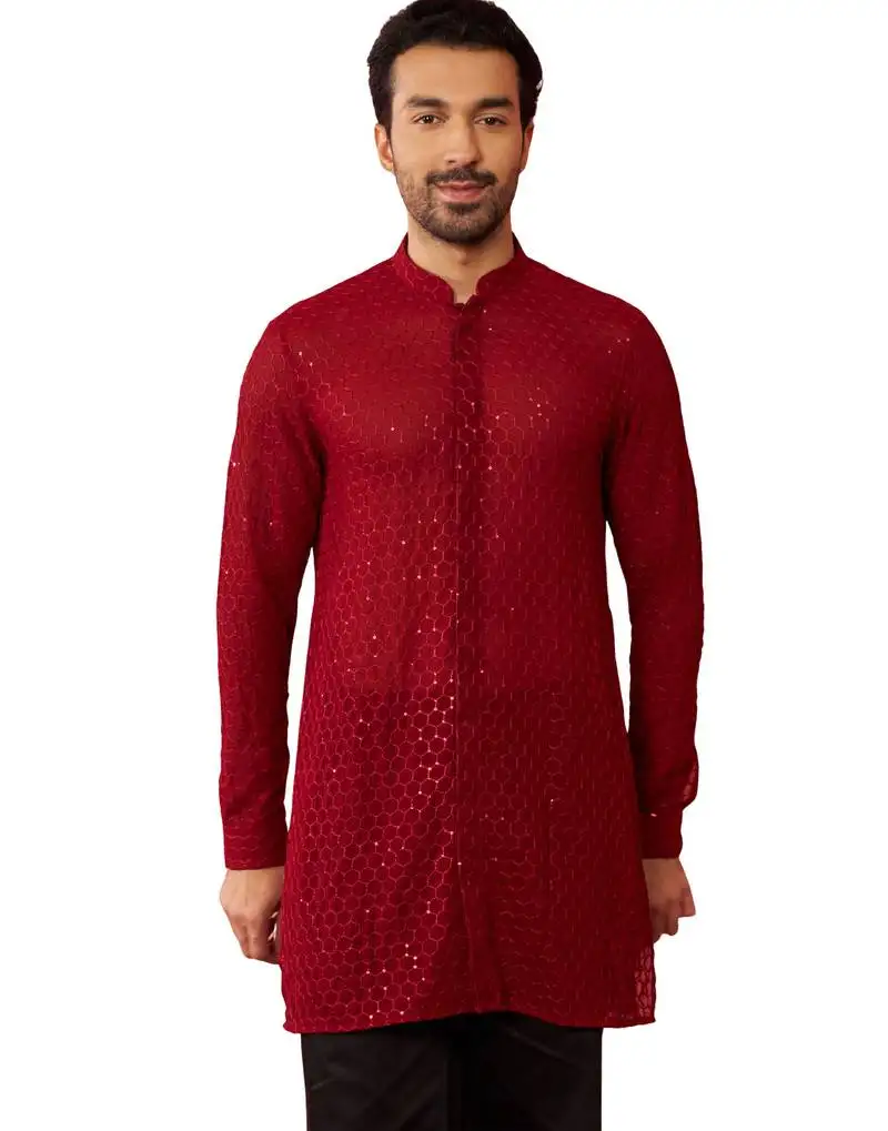 Men maroon georgette mid kurta - premium honey comb embroidery festive party wear