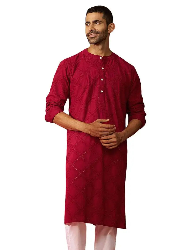 Men red cotton band collar kurta - traditional thread embroidered summer wear
