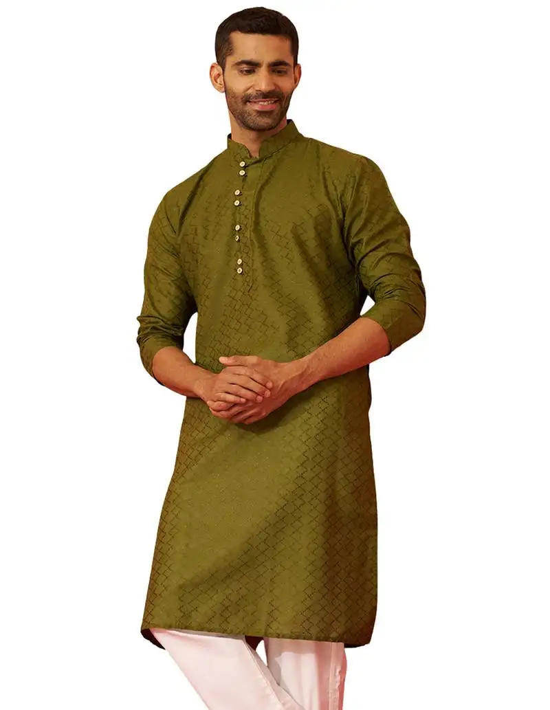 Men mehendi green cotton geometric jacquard kurta - premium barfi pattern summer wear