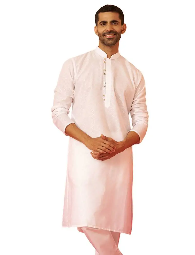 Men white cotton geometric jacquard kurta - premium barfi pattern versatile wear