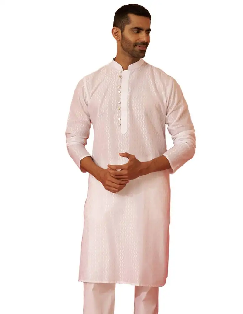 Men white cotton wave pattern jacquard kurta - premium geometric summer festive wear