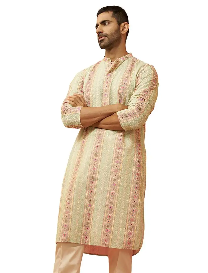 Men mint green cotton sequin embroidered kurta - premium festive glitz party wear