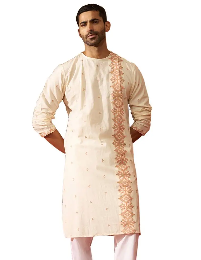 Mens white rust cotton jamdani kurta - navratri handwoven traditional wear