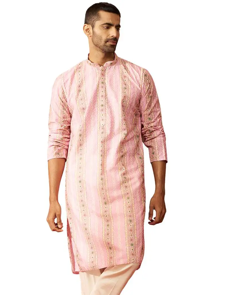 Men peach cotton sequin embroidered kurta - premium festive glitz traditional wear