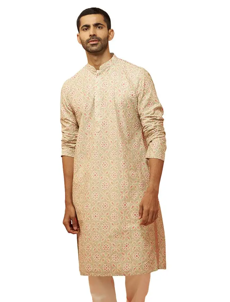 Men green cotton floral sequin embroidered kurta - premium digital print festive wear