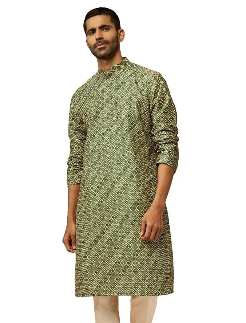Men green cotton gems work kurta - premium digital floral print festive wear