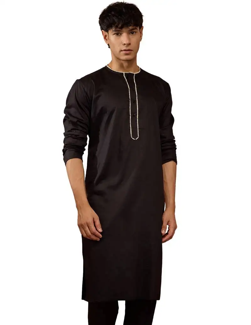 Mens black cotton millennium kurta lace detail - navratri festive wear