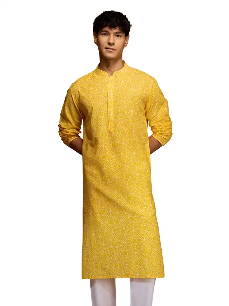 Men yellow cotton cambric bandhani kurta - summer casual festive wear