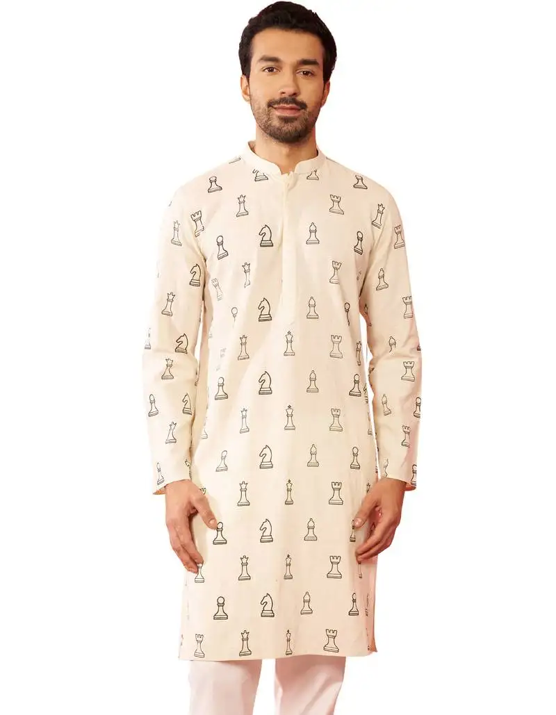 Men's cream cotton kurta - printed casual wear summer collection